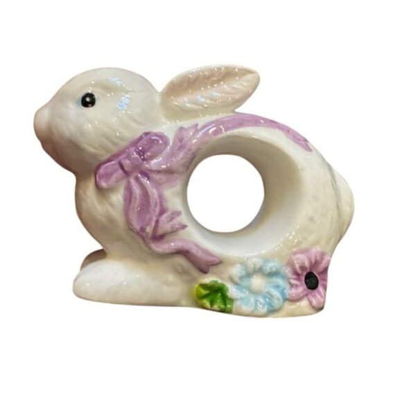 Set Of 4 Ceramic Bunny Napkin Rings With Pastel Bow Accents & Floral Details Spr - Picture 2 of 7
